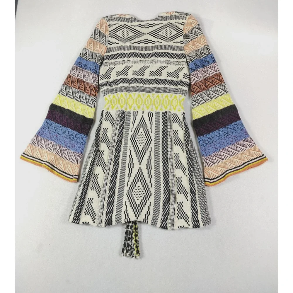 Free People Sweater Dress Womens Medium Multicolor Boho Bell Sleeve Mini V Neck - Picture 3 of 11